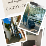 Essential items to pack in your carryon. Image showing a woman pulling a carryon piece of luggage.