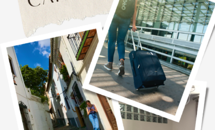 Essential items to pack in your carryon. Image showing a woman pulling a carryon piece of luggage.