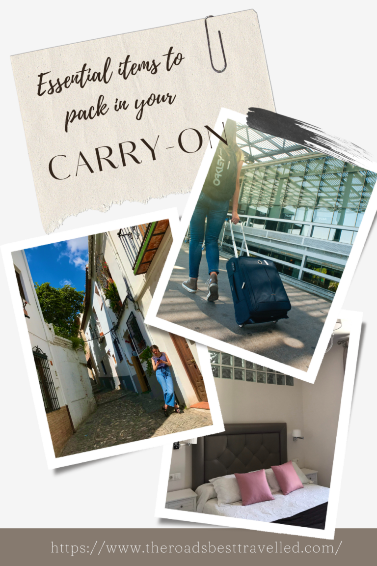 Essential items to pack in your carryon. Image showing a woman pulling a carryon piece of luggage.
