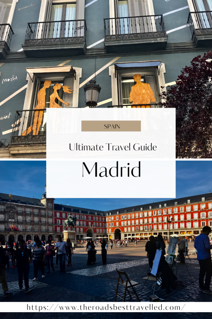 Cover photo showing pictures of a balcony and the plaza mayor in Madrid 
