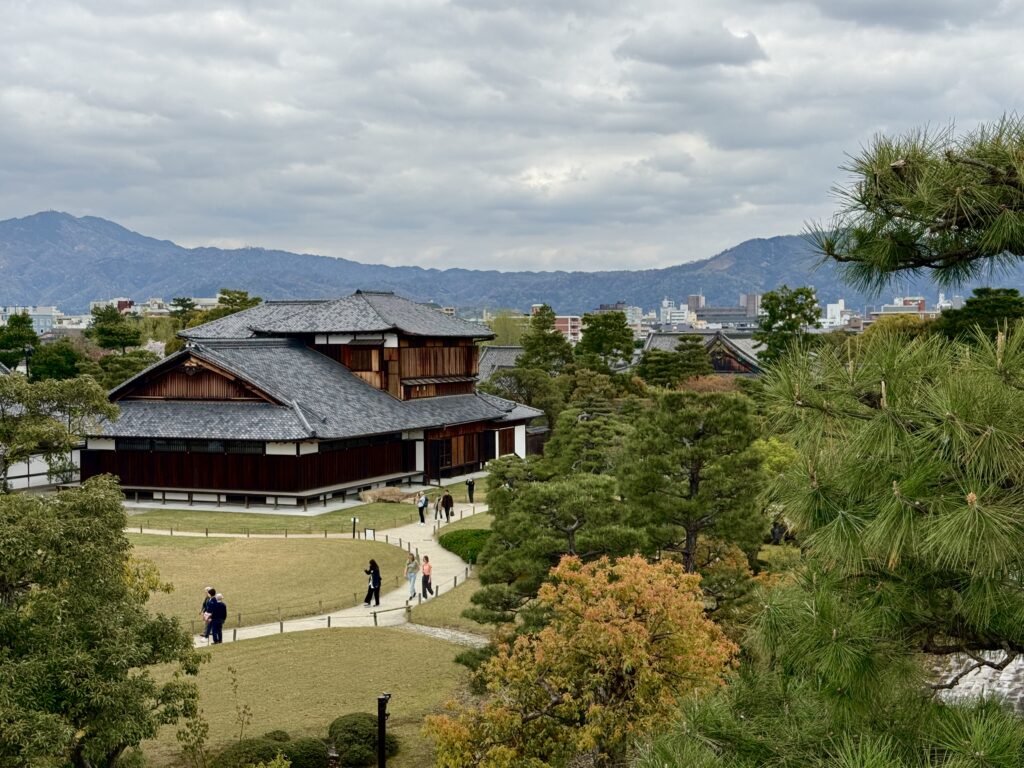 A view of Nijo Castle buildings from a rampart. 