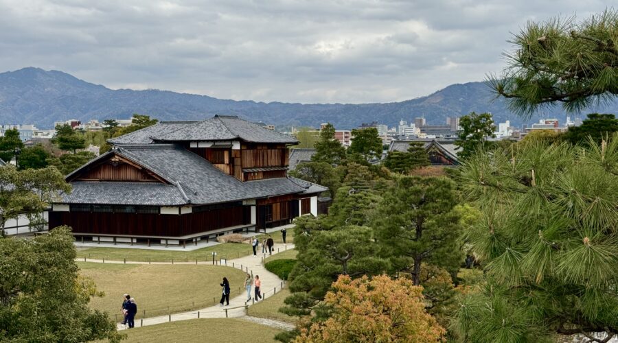 A view of Nijo Castle buildings from a rampart.