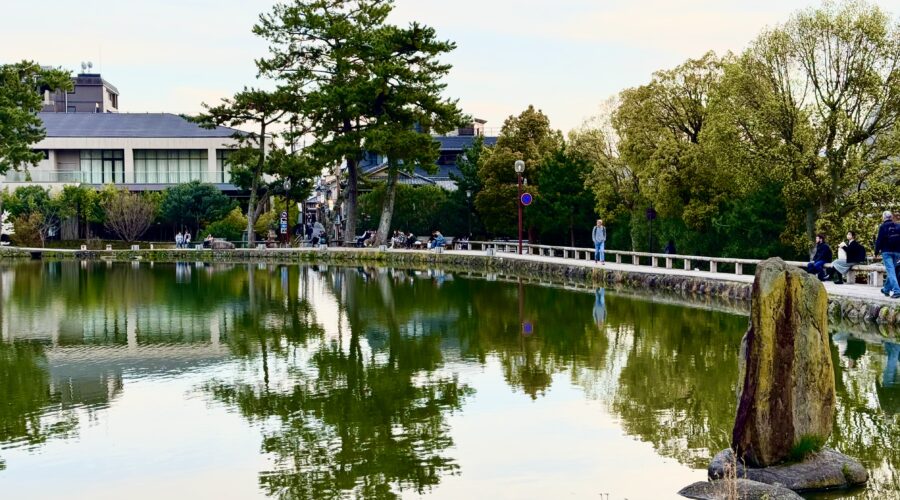 Peaceful pond in Nara surrounded by tall green trees and a walking path with visitors enjoying the scenery during a Nara day trip. The still water reflects the trees, stone walkway, and nearby buildings under a soft evening sky.