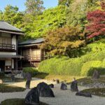 Temple showing rock garden and temple in the background surrounded by trees.