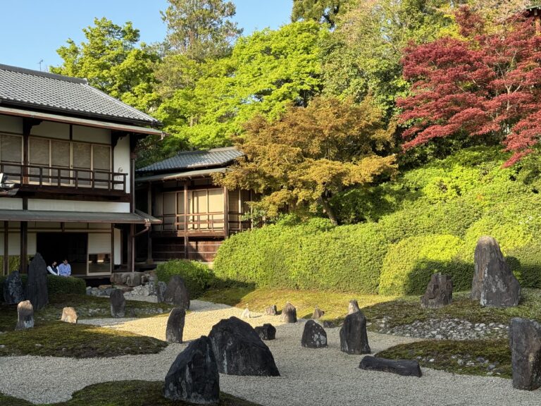 Temple showing rock garden and temple in the background surrounded by trees.