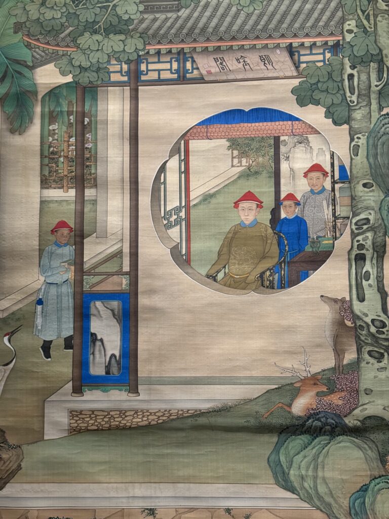 A traditional Chinese painting shows a serene courtyard scene with men in red hats gathered inside a pavilion, observed through a circular moon gate, while deer and a crane rest peacefully in the garden outside. This elegant depiction of classical Chinese architecture and nature offers a glimpse into cultural heritage perfect for enriching a Hong Kong travel itinerary in 3 days.