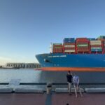 Cargo ship sailing on the Savannah river. Exploring Savannah.