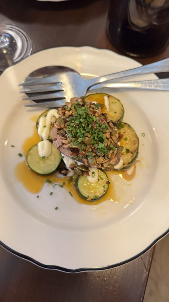 Tuna with harissa crunch at joe beef in montreal.