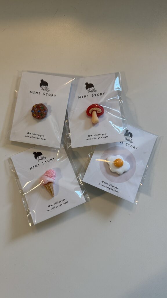 Pins featuring a mushroom, ice cream, egg, and cookie.