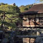 A traditional Kyoto temple building with a sloping tiled roof sits beside a calm pond, surrounded by sculpted pine trees, large natural stones, and a carefully maintained garden. The reflection of the wooden structure in the water captures the peaceful atmosphere that makes Kyoto first time travel so memorable.