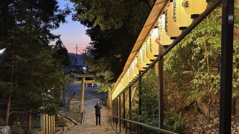Stone steps descend toward a torii gate at Hachi Shrine in Kyoto as rows of glowing paper lanterns illuminate the path at dusk. The peaceful shrine setting showcases a lesser known stop that can be included in a Kyoto 1 day itinerary for travelers exploring the city’s historic neighborhoods after sunset.