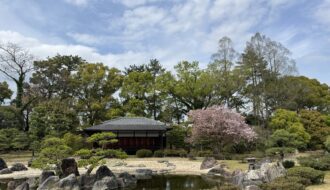 Traditional Japanese garden in Kyoto featuring a reflective pond, carefully placed stone formations, manicured trees, and a wooden pavilion surrounded by spring greenery. Exploring scenic gardens like this is easy when getting around Kyoto using the city’s buses, trains, and walking routes between major cultural attractions.