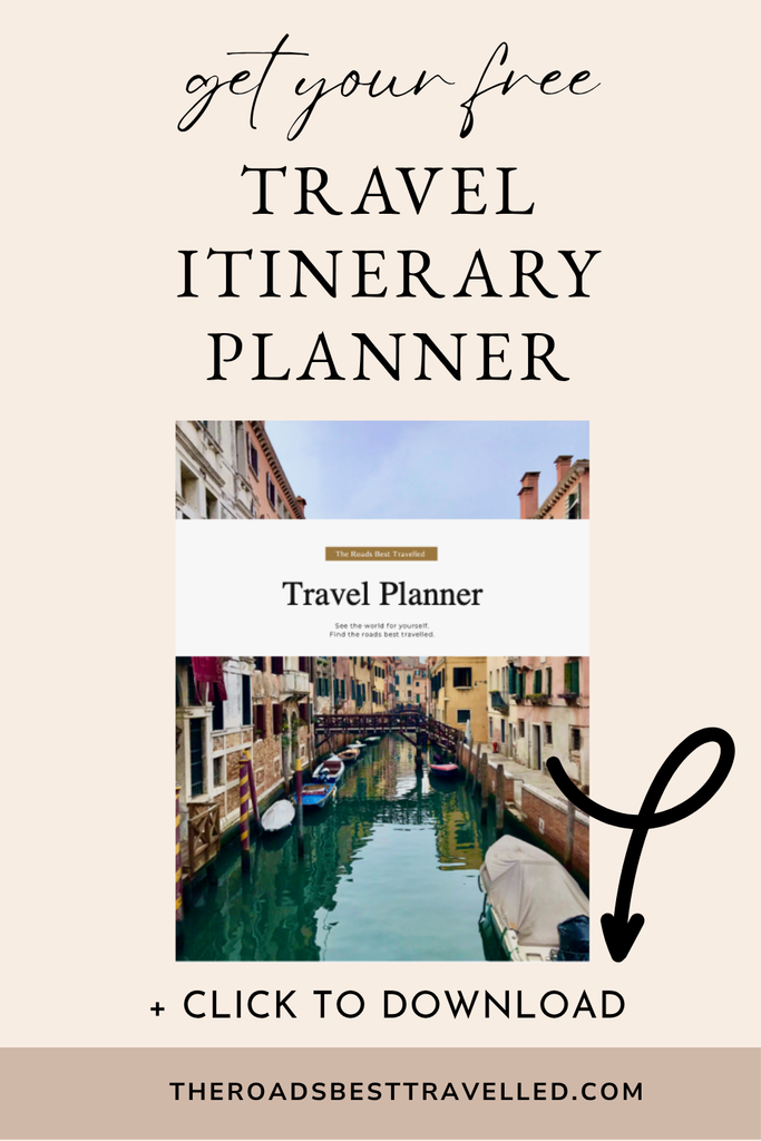 Image: uploaded image
Alt text: Free travel itinerary planner download featuring a Venice canal with boats and colorful buildings. Text reads “get your free TRAVEL ITINERARY PLANNER” “The Roads Best Travelled” “Travel Planner” “See the world for yourself. Find the roads best travelled.” “+ CLICK TO DOWNLOAD” “THEROADSBESTTRAVELLED.COM”.